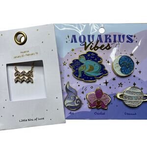 Aquarius Vibes Horoscope Zodiac Pin Necklace Gold Rhinestone Gift Set Astrology